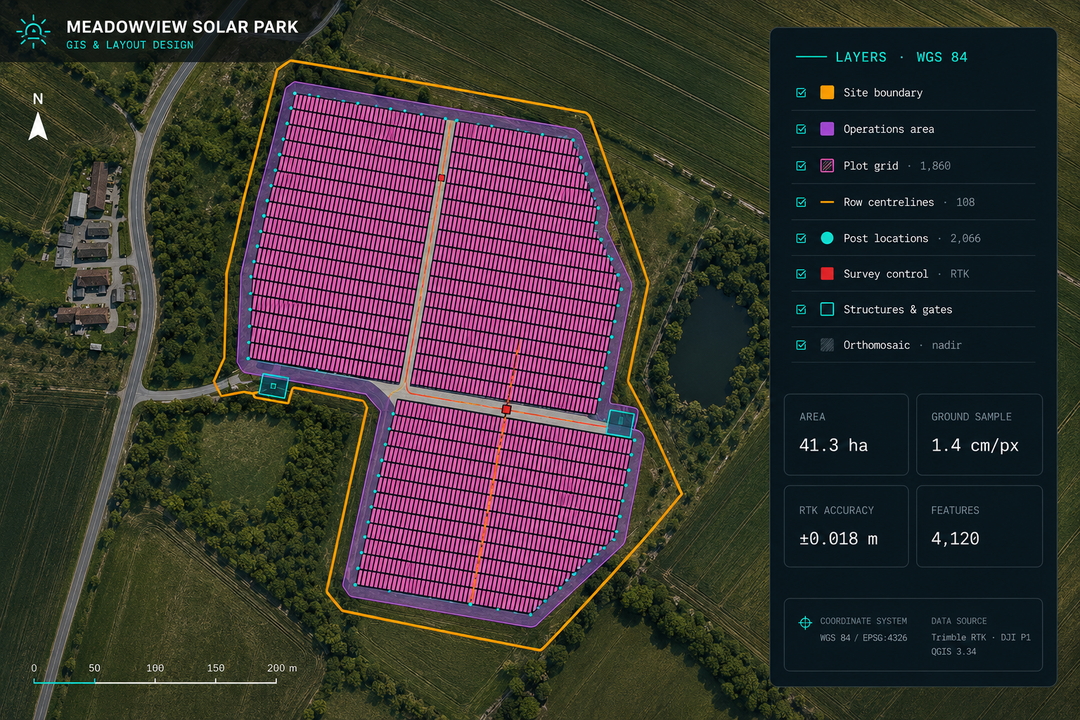 Anonymised GIS deliverable: digitised survey grid, operations area, post locations and orthomosaic for an illustrative solar park site