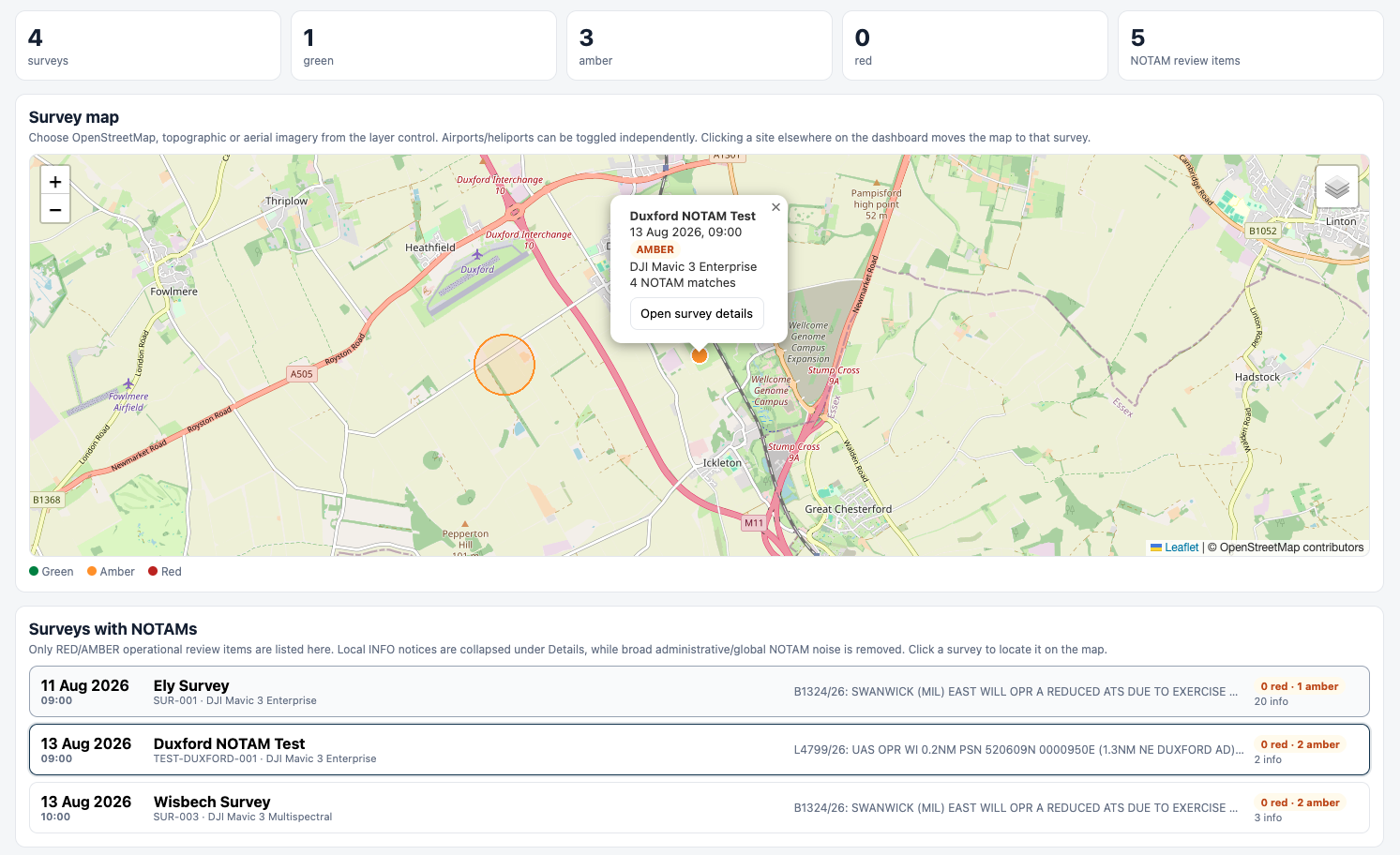 Survey NOTAM dashboard — status metrics, Leaflet survey map with NOTAM activity area, and list of surveys with operational review items