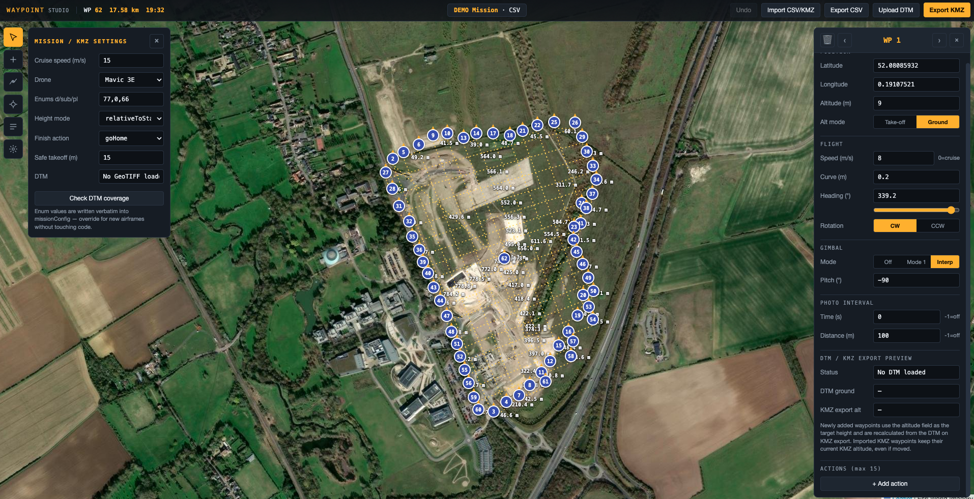 Waypoint Studio — browser-based drone mission planner with map overlay and editable waypoint list