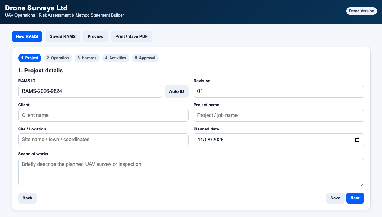 UAV RAMS generator — project details step with RAMS ID, revision, client, site and scope of works fields